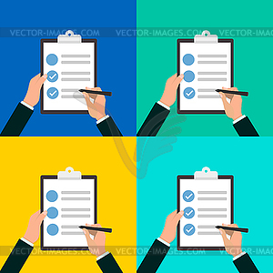 In hands clipboard checklist with pen in flat design - vector image