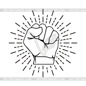 Hand is clenched into fist with sun rays, line - vector image