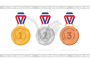 Набор медалей-победителей золота, бронзы и серебра - стоковый клипарт