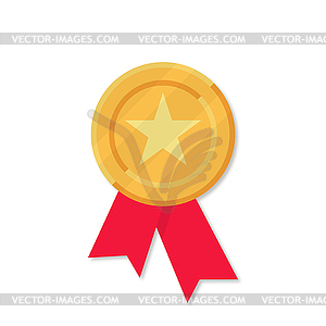 Gold medal with red ribbons in flat style - vector EPS clipart