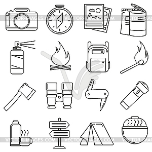 Icons on theme of travel, camping - vector image