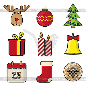 Christmas deer, gift, candles in flat style - vector image