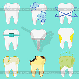 Set of different teeth, implant, caries, clean tooth - vector image