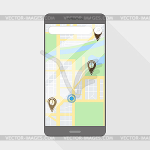 Телефон с картой, плоский стиль на сером фоне - клипарт в векторе