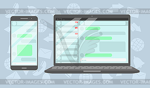 Message on phone and pc in flat style - vector image