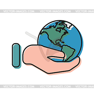 Earth in hand in flat style - vector image