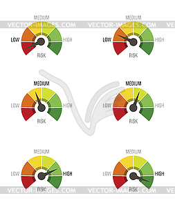 Scale of red to green with arrow, risk low medium - vector clipart