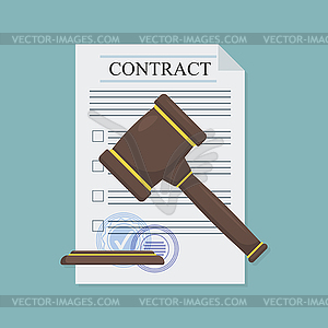 Approved contract with hammer in flat style, - vector clipart