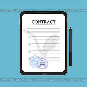 Electronic contract on tablet, in flat style, - stock vector clipart