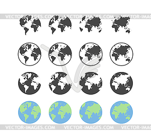 Набор иконок земного шара в плоской и линейной конструкции - векторный дизайн
