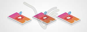 Social network. Phone set in isometric style. - color vector clipart