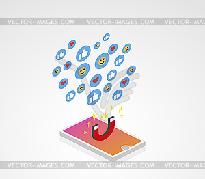 Isometric phone with magnetic. powerful of marketin - vector clip art