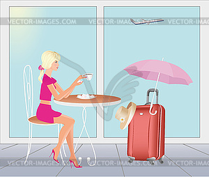 Girl at airport going on vacations - vector image