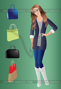 Beautiful vector girl and set of bags. - vector clip art