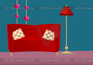 Cartoon bedroom with sofa, pillows and floor lamp - vector clipart