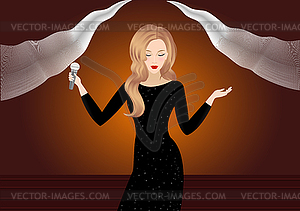 Beautiful Singing Girl with Microphone on stage - vector clipart
