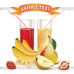 Glasses with juice of banana, pear, strawberry - vector clipart