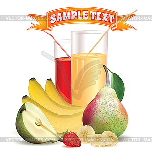 Glasses with juice of banana, pear and strawberry - vector image