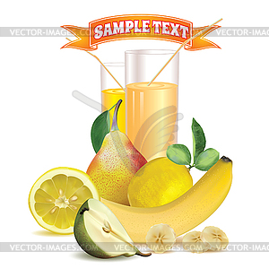 Glasses with juice of banana, pear and lemon - vector image