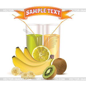 Two glasses with juice and fruits - vector image