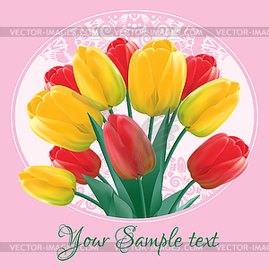 Greeting card with a bouquet of red and yellow tulips - vector image
