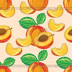 Seamless pattern of ripe peach and peach slices - vector clipart