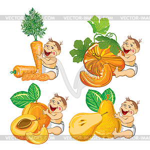 Smiling baby with a vegetables and fruits - vector clip art