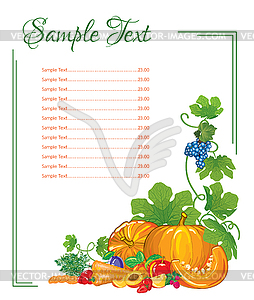 Menu page from vegetables and fruits with slices - vector image