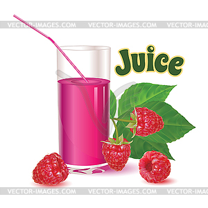 Glass with juice and branch with ripe raspberries - vector clipart