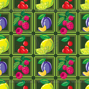 Seamless pattern of lemon, raspberry, cherry, plum - color vector clipart