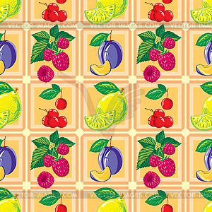 Seamless pattern of lemon, raspberry, cherry, plum - vector image