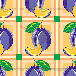 Seamless pattern of ripe plum and plum slices - vector clip art