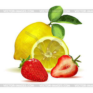 Fresh lemon with leaves and strawberry - vector clipart