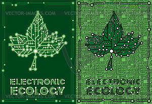 Зеленый кленовый лист с компьютерными и материнских плат элементов - векторный клипарт EPS