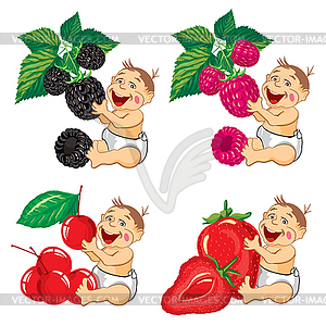 Smiling baby with a fruits - vector clipart