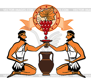 Two Greeks with a cup of wine and amphora - vector image