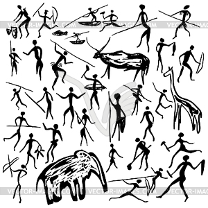 Set of vector rock paintings - white & black vector clipart