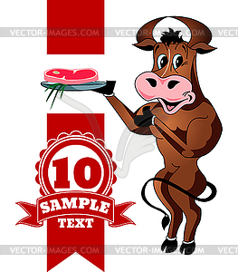 Cartoon cheerful bull with steak - vector clipart