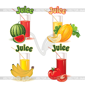 Glasses for juice. Melon, banana, tomato, watermelon - vector clip art