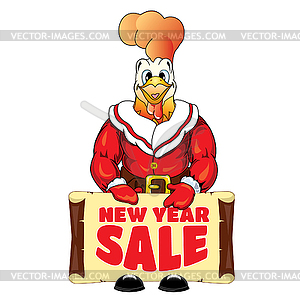 Rooster with a banner with an inscription New Year Sale - color vector clipart