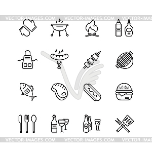 BBQ and Food Icons Set. Outdoor, Kitchen or Meat - vector image