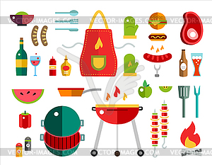 Barbecue and Food Icons Objects set. Outdoor, - vector clip art