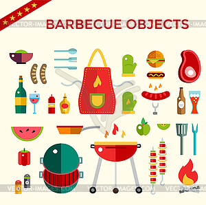 Barbecue and Food Icons Objects set. Outdoor, - vector clip art