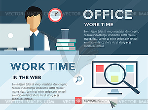 Clerk in office infographic. Work, time, loupe and - vector clipart