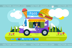 Fast food restaurant car. Food festival outdoor - vector clipart / vector image