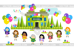 Back to school background. Cute cartoon boy and girl - vector image