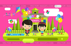 Back to school background. Cute cartoon boy and gir - vector image