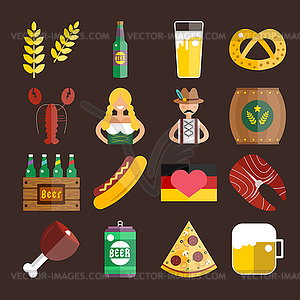 Set of flat Oktoberfest icons. Bottle Beer, Food an - royalty-free vector clipart