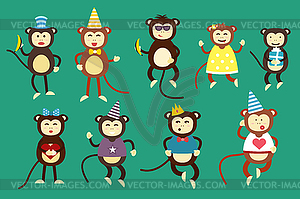 Happy cartoon monkey dancing party birthday - color vector clipart