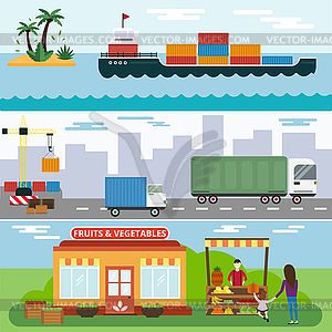 Import export fruits and vegetables delivery icons - vector image